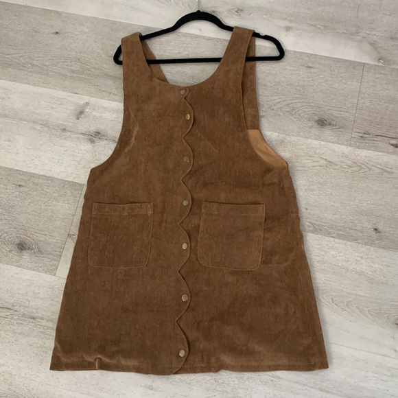 Love Riche Dresses & Skirts - Loveriche corduroy scalloped mini dress overalls Large camel brown snap buttons